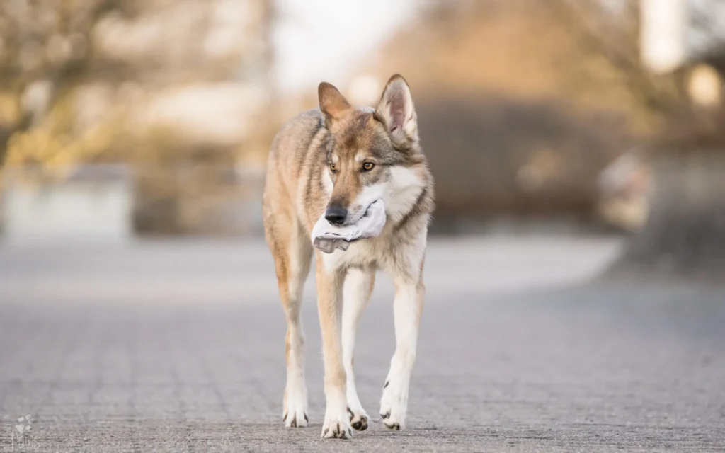 Ein Wolfhund trägt einen Futterbeutel im Maul und läuft auf einem Weg.