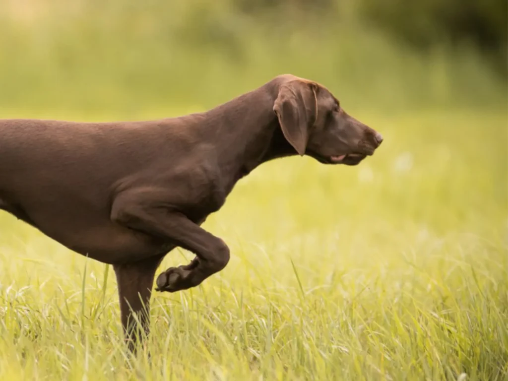 Brauner Hund steht auf einer Wiese.