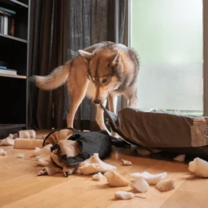 Wolf-Hund in unordentlichem Zimmer mit zerfetztem Hundebett.