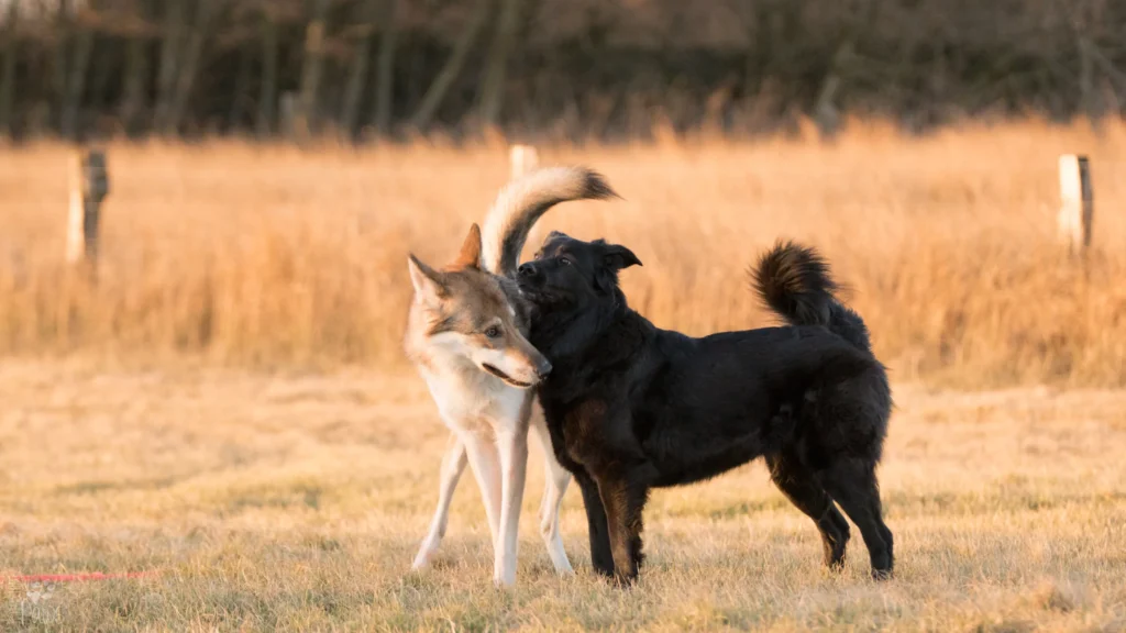 Zwei Hunde spielen und erkunden ein Feld.
