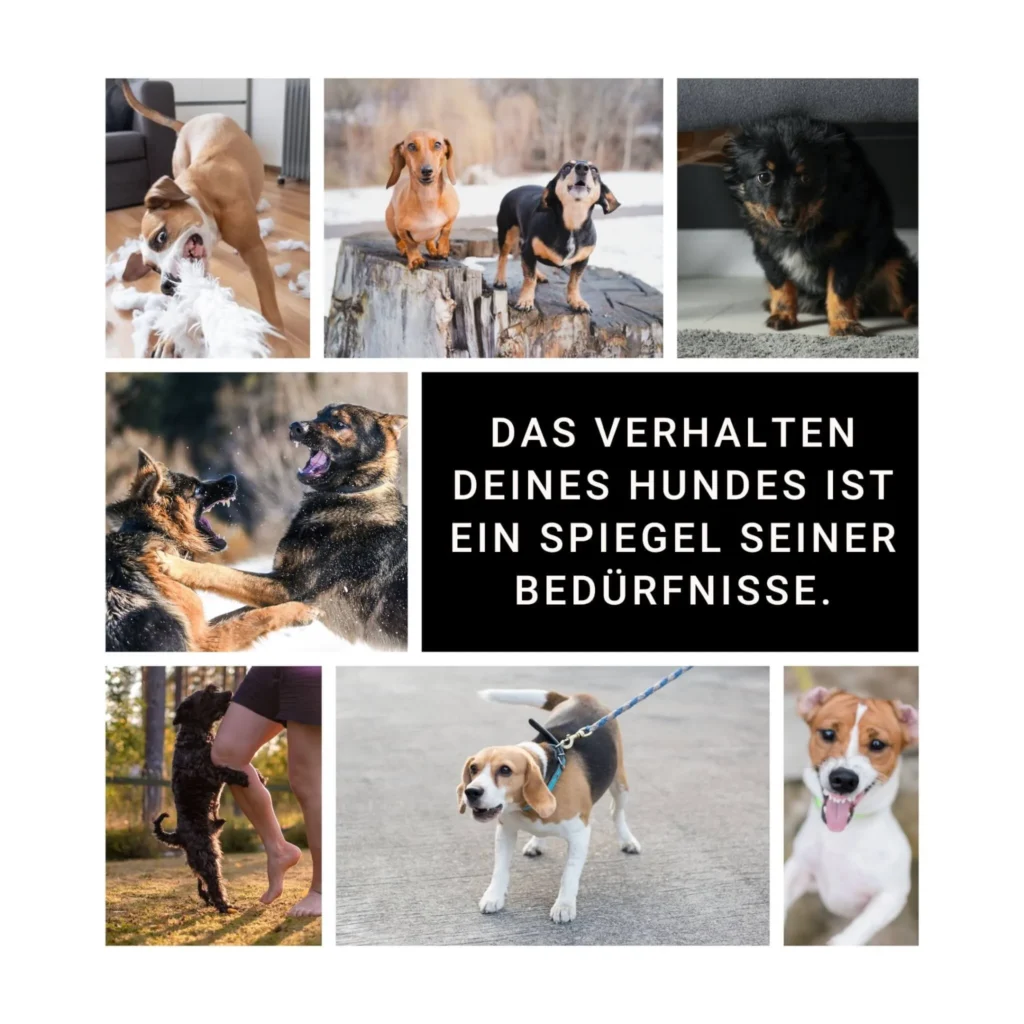 Verschiedene Hunde zeigen ihr Verhalten, darunter bellen und springen.