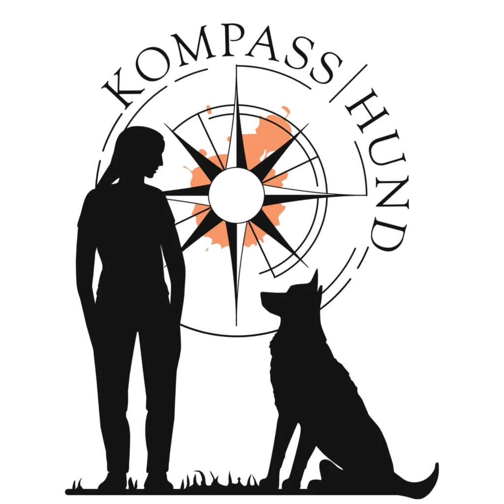 Logo von Kompass Hund mit Silhouette eines Menschen und Hund vor einem Kompass.