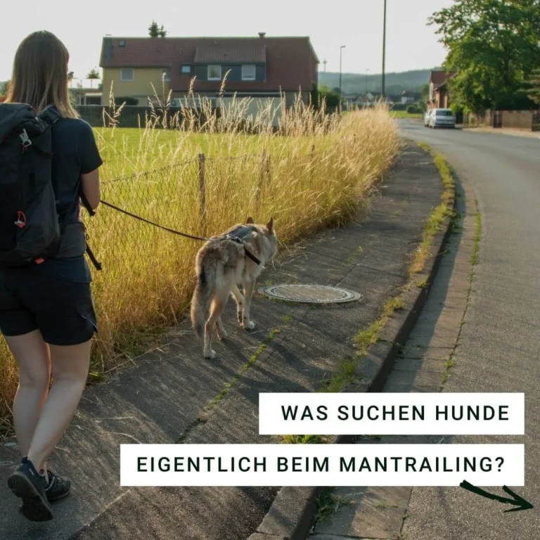 Frau mit Hund auf einem Spaziergang in der Natur.