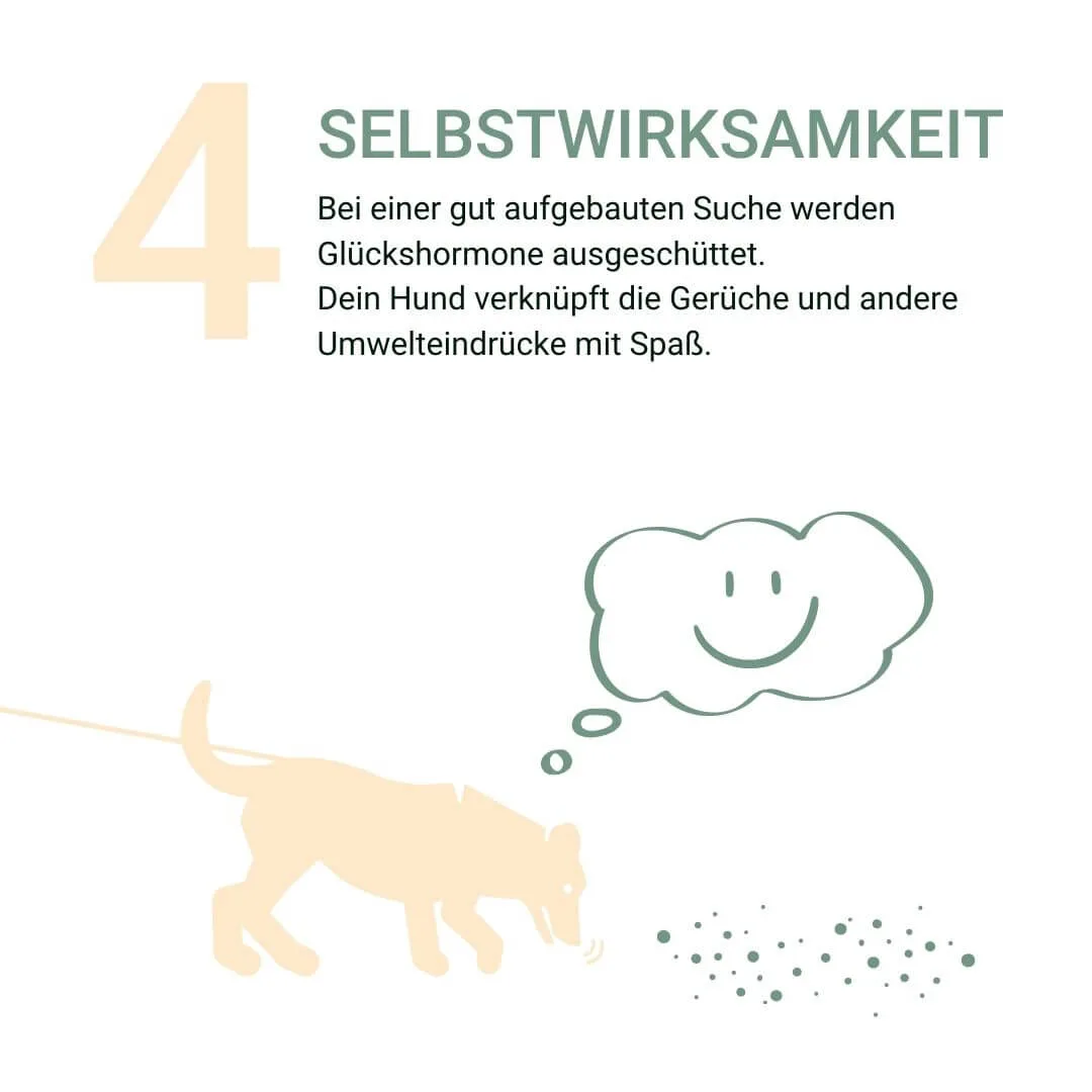 Illustration eines Hundes, der schnüffelt, mit Gedankenblase und Freude.