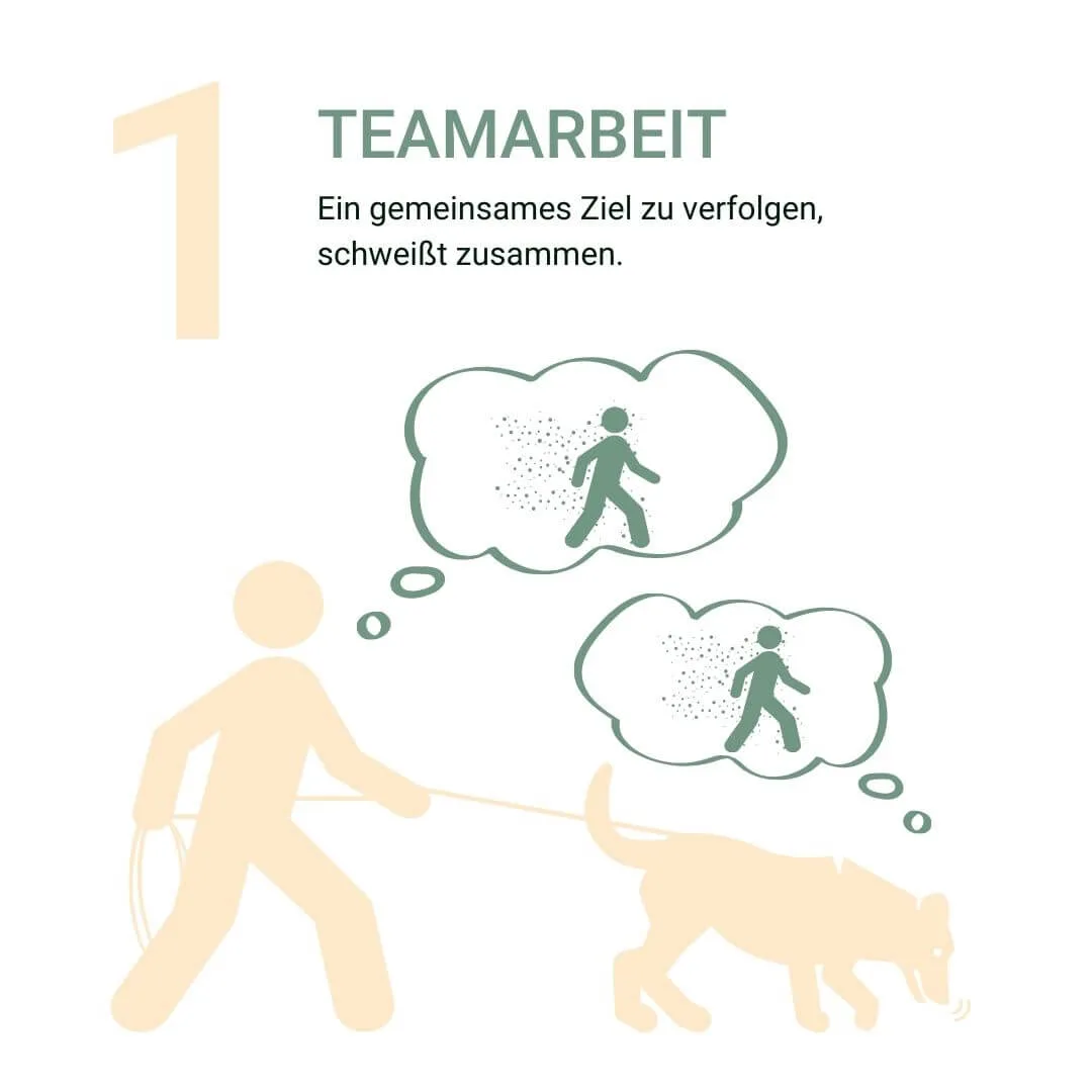 Illustration von Mensch mit Hund beim Mantrailing, Gedankenblasen zeigen Zielverfolgung.