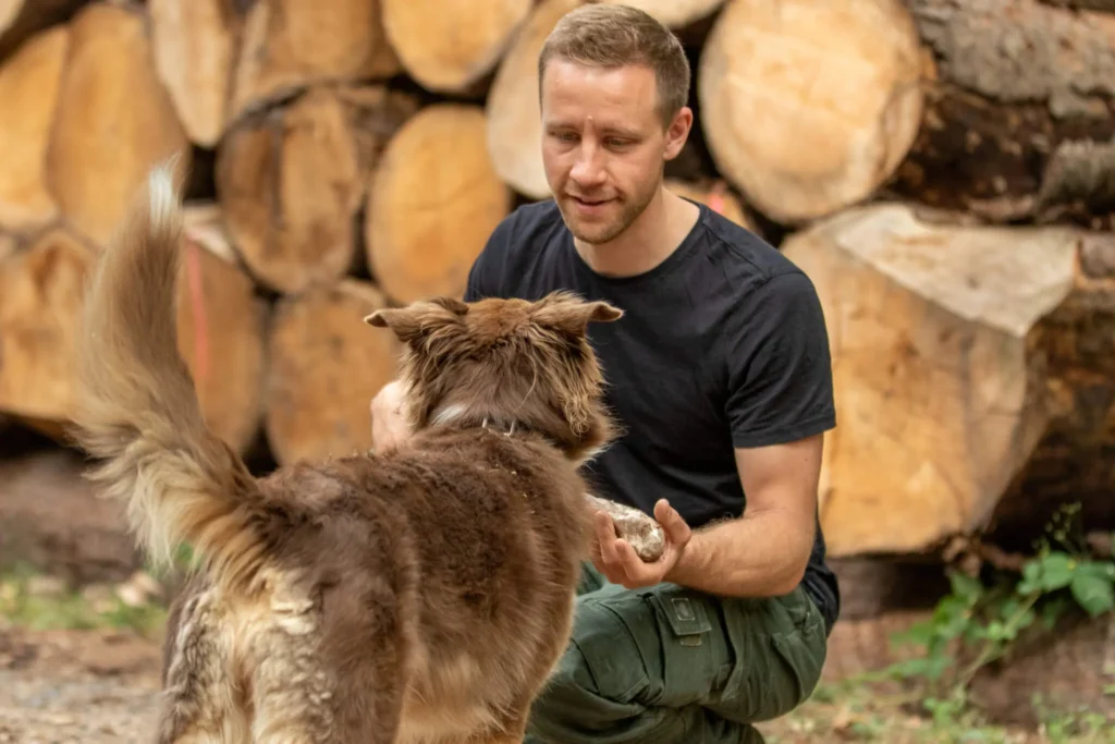 Mann interagiert mit einem Hund im Wald vor Holzstämmen.