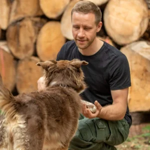 Mann interagiert mit einem Hund im Wald vor Holzstämmen.