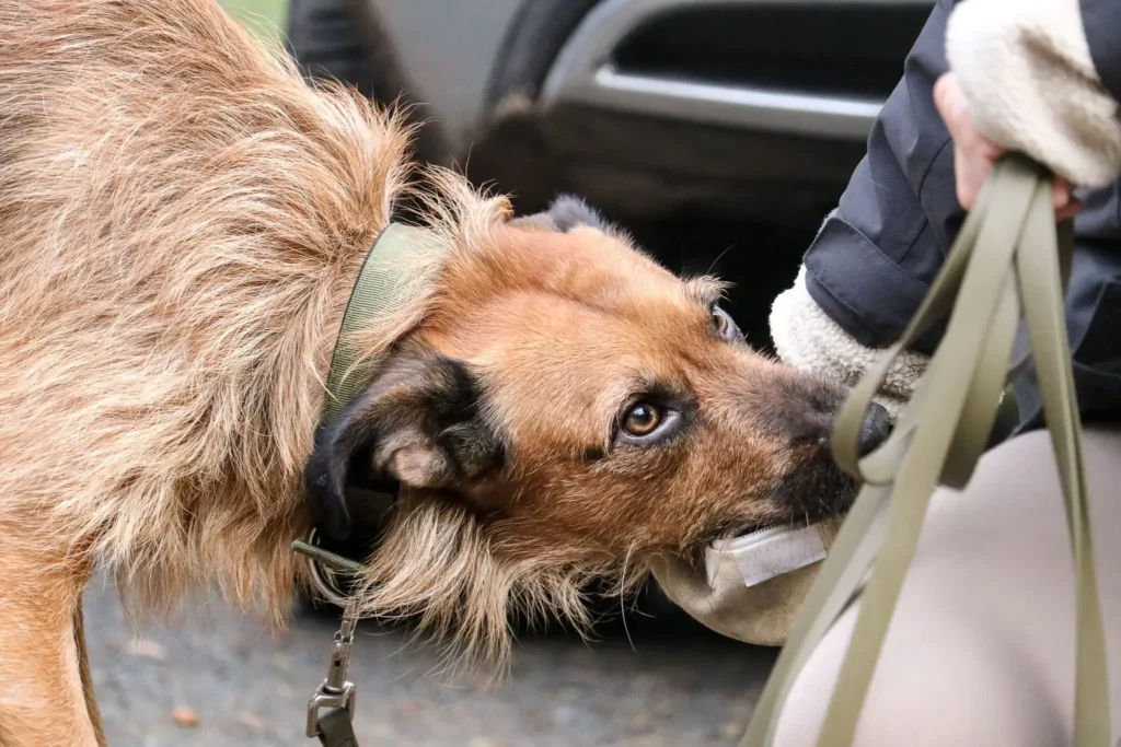 Hund schnüffelt an der Hand seines Halters während des Trainings.